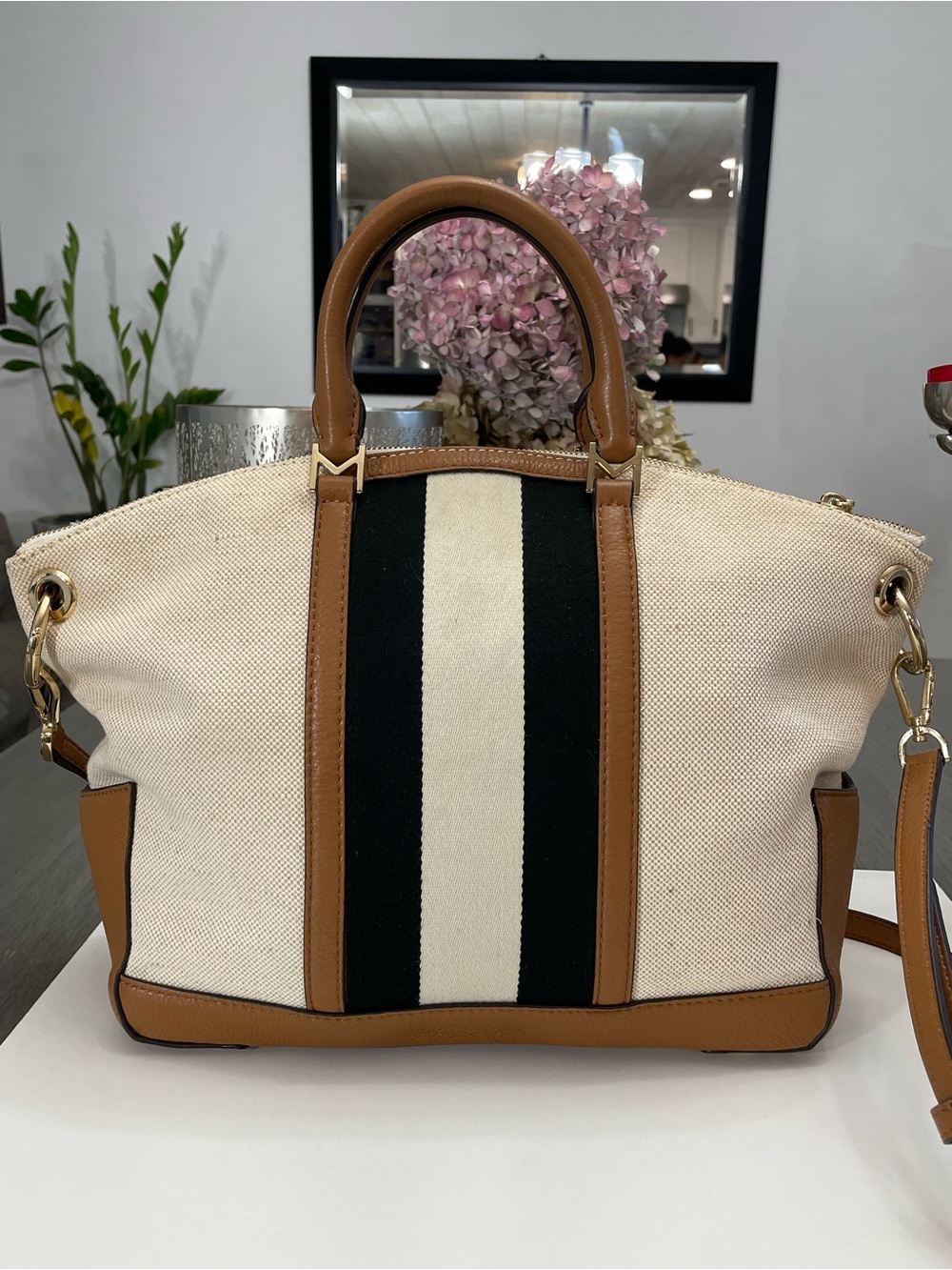 Michael Kors Canvas Leather Satchel Crossbody Bag Stripe Large Beige Brown Tot